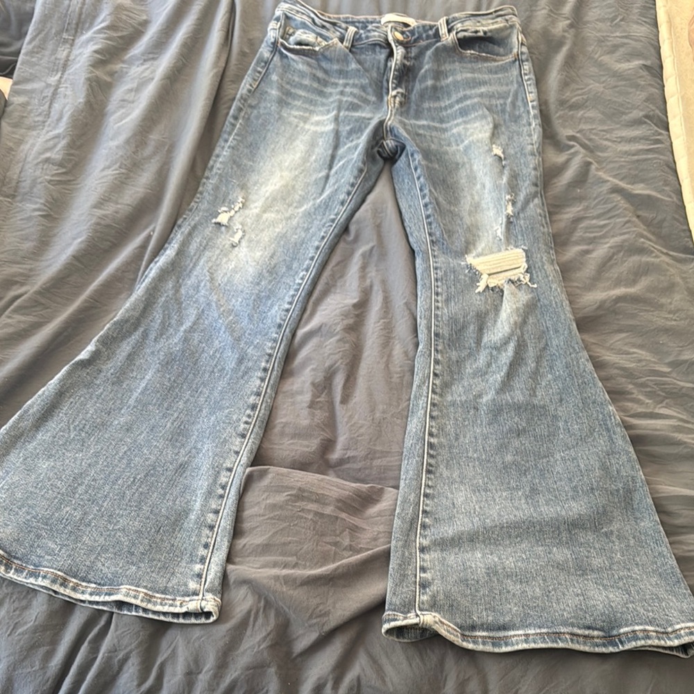 Blue Flare Wide Leg Jeans with Distressed Details